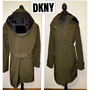 DKNY Army Green Faux Fur Lined Hooded Minimalist Tailored Trench Coat size LG